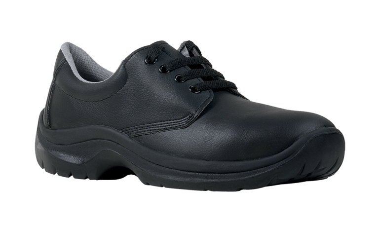 Chaussures de sécurité de cuisine respirantes avec lacets, semelle antistatique en PU et embout en acier. Disponibles en blanc et noir.