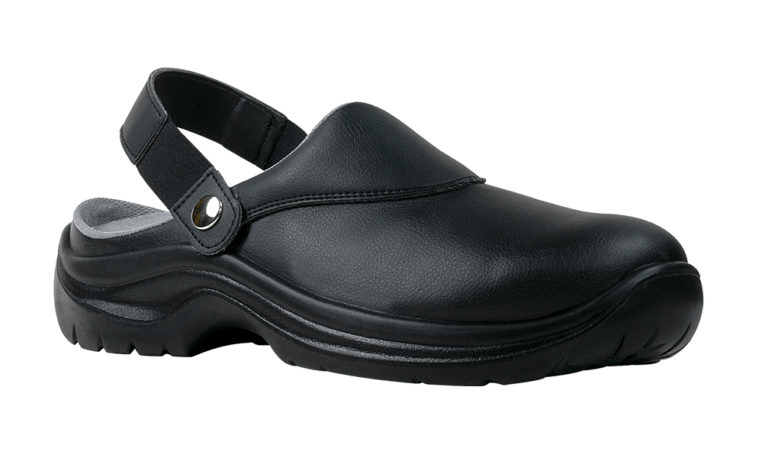 Sabots de cuisine professionnels, avec tige en microfibre, semelle antistatique en PU et embout en acier. Confort toute la journée.