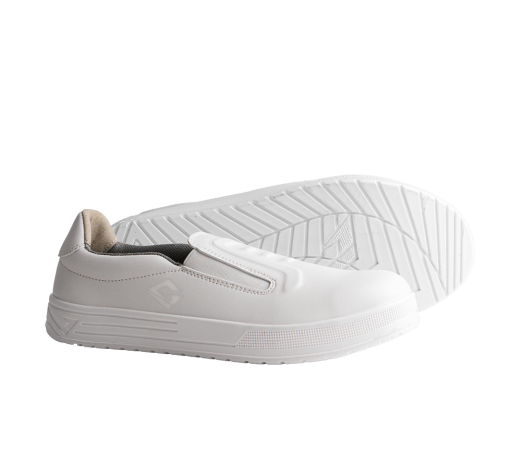 Chaussures de cuisine professionnelles respirantes pour le personnel de nettoyage et de restauration. Tige en microfibre, semelle antidérapante et embout en acier.