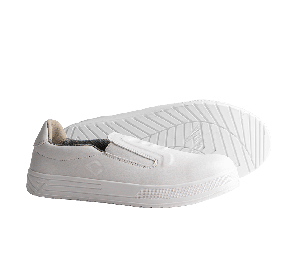 Chaussures de cuisine professionnelles respirantes pour le personnel de nettoyage et de restauration. Tige en microfibre, semelle antidérapante et embout en acier.